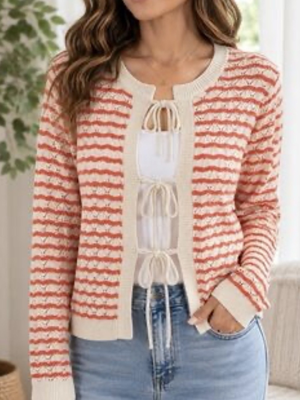 Willow & Wind Red Cream Striped Pointelle Knit Tie Front Cardigan Sweater Sz M